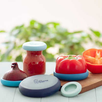 Food Huggers 5pc Reusable Silicone Food Savers | BPA Free | Plastic Free Food Storage | Dishwasher Safe | Fruit & Vegetable Produce Storage for Onion, Tomato, Lemon, Banana & Cans | Round, Ice Blue