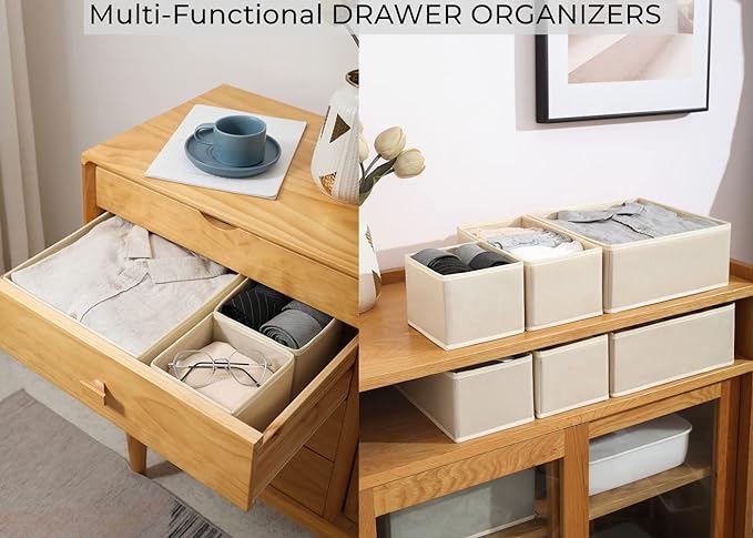 Fordonral 12 Pack Drawer Organizer Clothes, Foldable Fabric Dresser Organizer Closet Organizers and Storage Box for Underwear,Folded Clothes,Baby Clothing,Socks,Bra,Towels,Ties(12 Pack,Beige)
