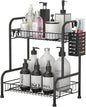 Bathroom Countertop Organizer With Toiletries Basket, 2 Tier Bathroom Counter Storage Rack with Adjustable Feetpad, No-Screw Caddy Stand for Vanity, Sturdy Metal Wire Black, Medium 12.8''L x 7.2''W