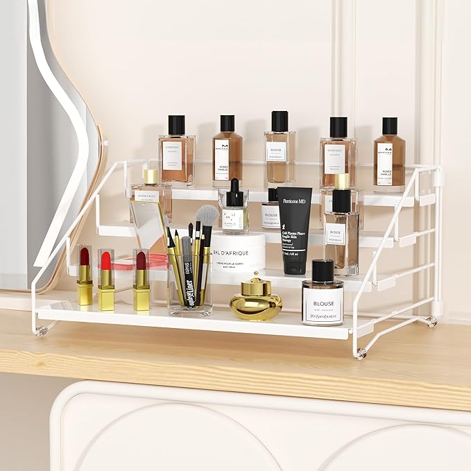 BOIVSHI Tiered Spice Rack, 4 Tier Spice Shelf Organizer for Cabinet, Spice Rack Organizer, Depth Adjustable Seasoning Rack Organizer for Cabinet, Countertop, Pantry, Metal, White (1 Pack)