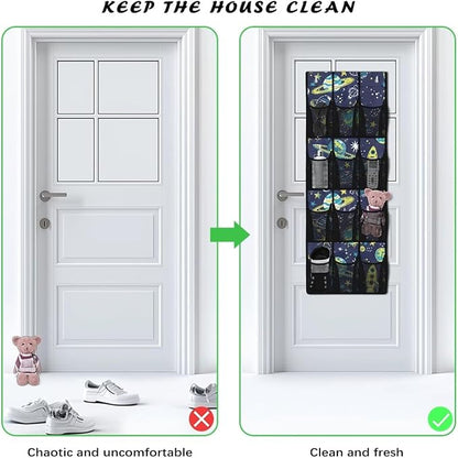 Space Planet Over Door Organizer for Kids, 12 Pockets Astronaut Theme Shoe Rack, Durable Oxford Fabric Storage Bag for Bedroom, Playroom & Science Decor