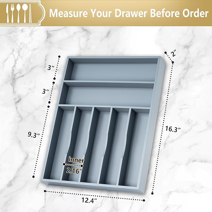 Silverware Organizer, 12.5 Inch Utensil Organizer Kitchen Drawer Organizer Bamboo Silverware Holder Cutlery Tray Organizer in Drawer Flatware Organizer Tray(7 slots, Gray