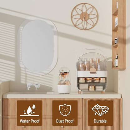 Makeup Organizer Countertop & 360° Rotating Makeup Brush Holder, Skincare Holder with Lid and Drawers, Storage Box Cosmetic Display Cases, Teen Girl Gifts, Vanity, Bathroom Counter,Rose Gold