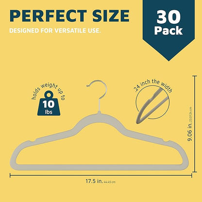 Lifemaster Velvet Non-Slip Hangers - 30 Pieces Non-slip Coat Hanger Set with 360° Swivel Hook, Space-Saving, Sleek Design, Keep Closet Organized, Smooth Velvet Finish, Lightweight Construction - Ivory