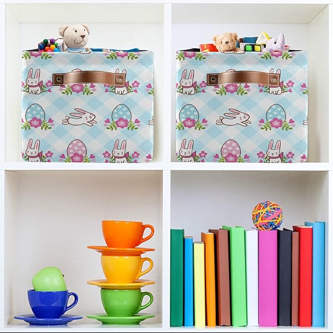 Large Storage Basket Easter Bunnies and Eggs Foldable Storage Box Organizer Bins with Handles for Bedroom Home Office