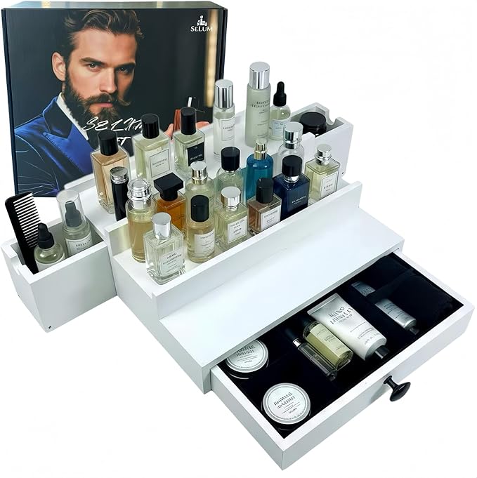 Wooden Cologne Organizer for Men 3 Tier | White Perfume Holder Shelf for Dresser | High Grade Velvet Lining and Stylish Gift Box | Uncluttered Design Perfume Display Stand