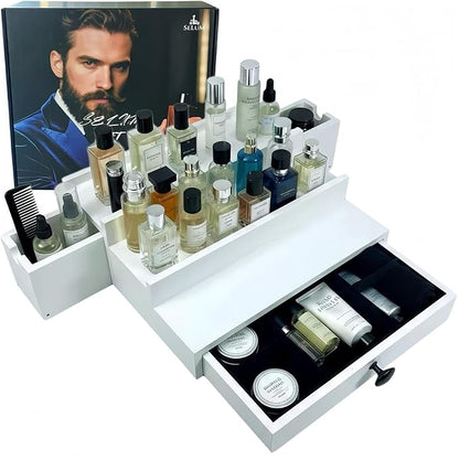 Wooden Cologne Organizer for Men 3 Tier | White Perfume Holder Shelf for Dresser | High Grade Velvet Lining and Stylish Gift Box | Uncluttered Design Perfume Display Stand