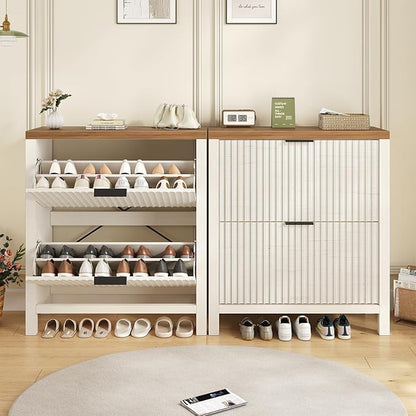 YOMILUVE Shoe Cabinet Storage for Entryway, Fluted Shoe Cabinet with 2 Flip Drawers, Hidden Shoe Rack Tall Freestanding Shoe Organizer with Legs for Hallway, White