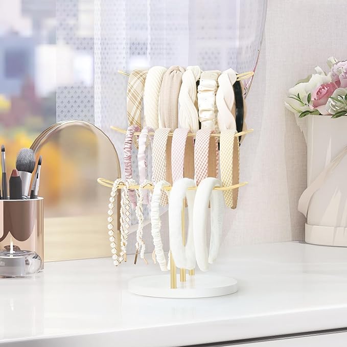 Dahey Headband Holder Organizer Metal 3-Tier Hair Hoop Display Stand Headband Organizer Storage Hair Ropes Accessories Bracelets Bangles Bedroom College Dorm Decor for Girls Women, Gold