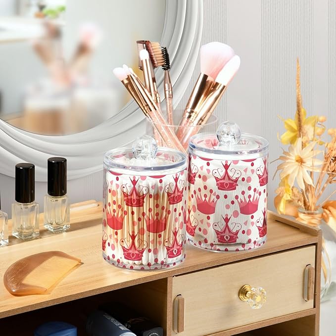 4 Pack Qtip Holder Dispenser Crown Pink Polka Dots Cotton Ball Swab Round Pads Floss Clear Bathroom Storage Containers Plastic Apothecary Jars with Lids