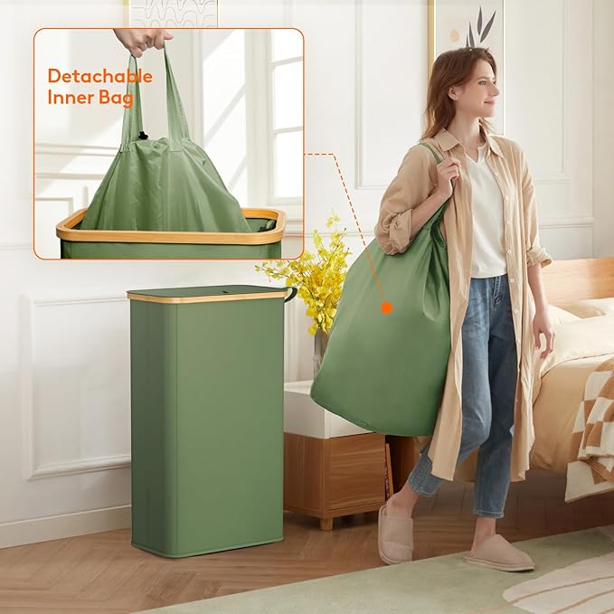 Lifewit 75L Slim Laundry Hamper with Lid, Narrow Laundry Basket with Removable Bag & Bamboo Handles, Fodable Thin Dirty Clothes Hamper for Laundry Collapsible Bin for Bathroom Bedroom Dorm, Green