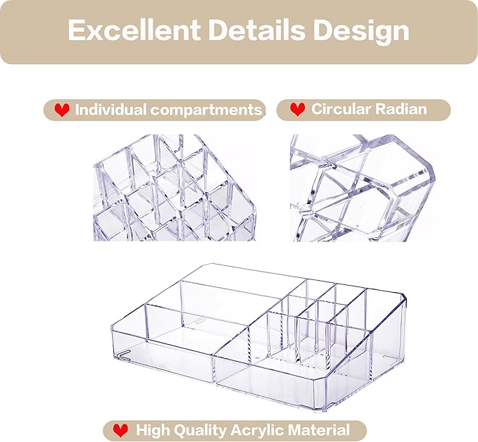 Clear Makeup Organizer, Makeup Brushes Storage Case, Cosmetic Display Case Tray, Tiered Skincare Organizer, Acrylic Lipstick Holder Countertop Desk Brush Organizer for Bedroom Vanity