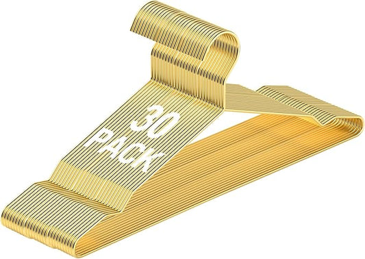 SPECILITE Metal Wire Clothes Hangers Bulk 30 Pack with Notches for Standard Size Coats, Shirts, Suits, Pants, Heavy Duty, Space-Saving, Gold
