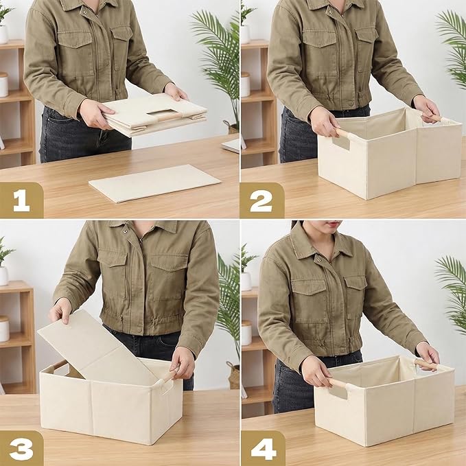 Foldable Fabric Storage Cubes, Cloth Storage Baskets with Wooden Handles, Shelf Closet Organizer Bins, Rectangular Linen Storage Boxes for Decor, 16.5 x 12.2 x 6.7 Inches