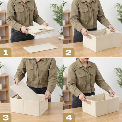 Foldable Fabric Storage Cubes, Cloth Storage Baskets with Wooden Handles, Shelf Closet Organizer Bins, Rectangular Linen Storage Boxes for Decor, 16.5 x 12.2 x 6.7 Inches
