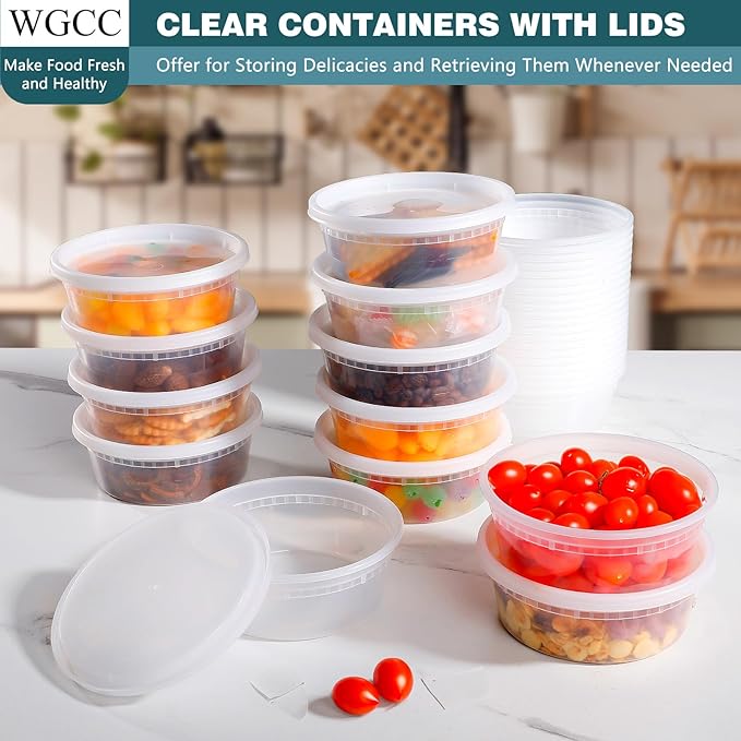 WGCC Deli Containers with Lids 8oz- Disposable Soup Containers with Lids 48 Sets - Plastic Container with Lid, Food Container with Leakproof, BPA Free/Microwave/Freezer/Dishwasher Safe