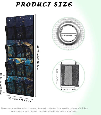 Over The Door Shoe Organizer 12 Mesh Pockets Hanging Storage Holder for Bathroom Bedroom Foldable Space Saving Storage Bag,Moon Butterfly