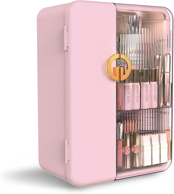 UAK Makeup Organizer with Drawers for Vanity, Cosmetic Display Case with Brush Holders, Storage for Skincare Countertop Bathroom (Pink)