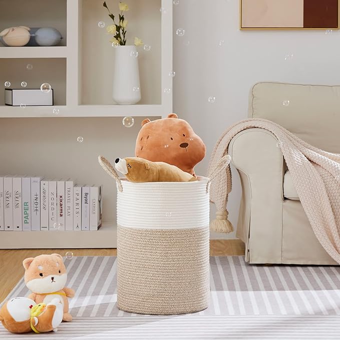 VIPOSCO Large Laundry Hamper, Tall Woven Rope Storage Basket for Blanket, Toys, Dirty Clothes in Living Room, Bathroom, Bedroom - 58L White & Brown