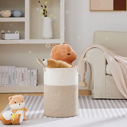VIPOSCO Large Laundry Hamper, Tall Woven Rope Storage Basket for Blanket, Toys, Dirty Clothes in Living Room, Bathroom, Bedroom - 58L White & Brown