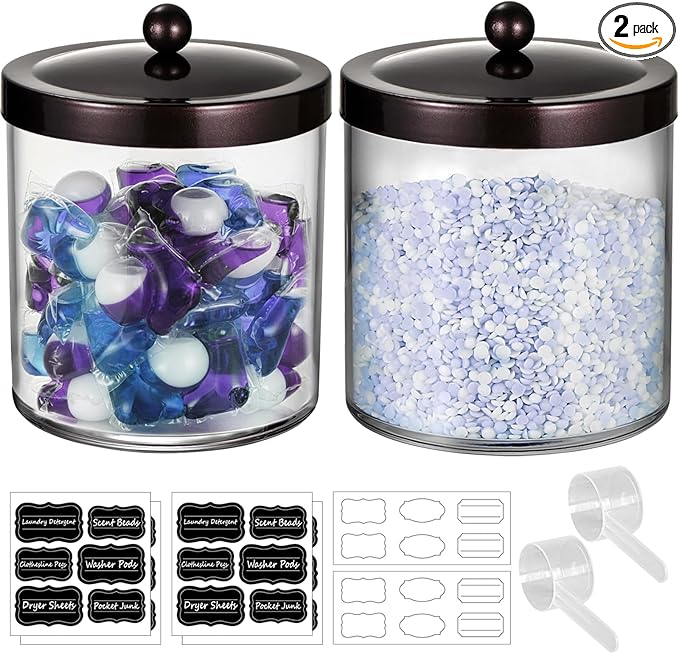 Amolliar 50 Oz Apothecary Jar - 2 Pack Clear Container with Stainless Steel Lid, Plastic Jar for Laundry Room Organization & Pods Storage, Bathroom Vanity Organizer, Kitchen Countertop Decor(Bronze)