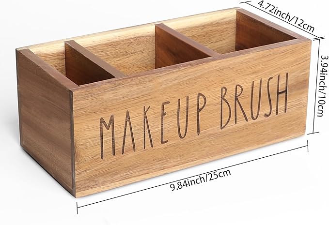 LBEMEY Acacia Wood Makeup Brush Organizer for Vanity,Cosmetic Skincare Organizers, Makeup Organizer with 3 Slots,Organizer Countertop for Cosmetics,Skincare, Brushes, Mascara,Lipstick,Pencils, Brown