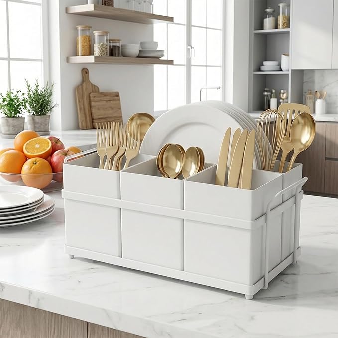 Utensil Holder Mesh Drainage Holes, 4pcs Bins Set Countertop Utensil Holder for Plate, Spoons, Forks and Knives, Cutlery Organizer Suitable for Party, Kitchen Counter, White