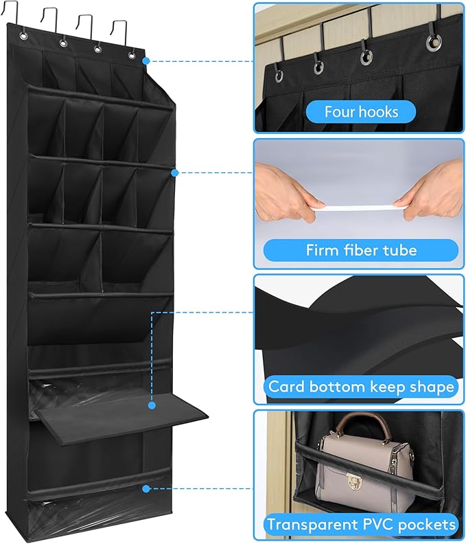 Over The Door Shoe Organizer with Large Deep Pockets - Multifunction Shoe Holder for Narrow Door Hanging - Black 16 Pockets