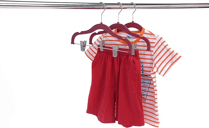 30+10 Quality Kids Children's Plastic Non Velvet Non-Flocked Thin Compact Shirt and Skirt/Pant Bundle Coat Hangers with Metal Clips for Skirts Pants Blouses 360° Swivel Hook, Jacket, Raspberry