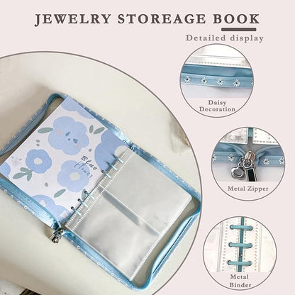 Jewelry Organizer Travel,Jewelry Storage Book with 45 Portable thick PVC pouches,Jewelry Organizer Zipper Bags for Necklaces Bracelet Rings and Earrings (front cover removable),Blue