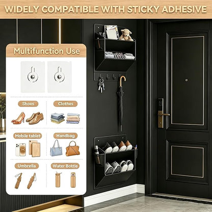 2 Pack RV Shoe Storage, Hanging Camper Shoe Storage with Sticky Adhesive Tape, Save Space Wall Mounted Shoe Rack with Large Deep Pockets for Camper, RV storage and Organization (Black)