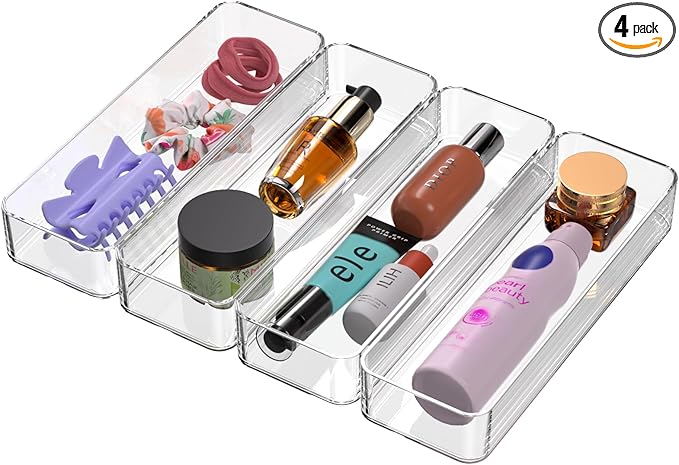 CHANCETSUI Clear Acrylic Drawer Organizer Storage: Stackable Plastic Storage Tray for Makeup and Personal Care, 4 Pieces, 3x9 Inch