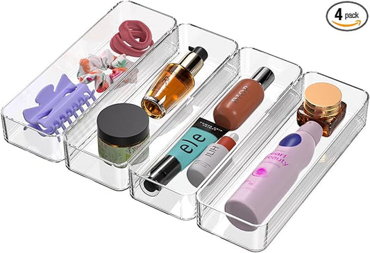 CHANCETSUI Clear Acrylic Drawer Organizer Storage: Stackable Plastic Storage Tray for Makeup and Personal Care, 4 Pieces, 3x9 Inch