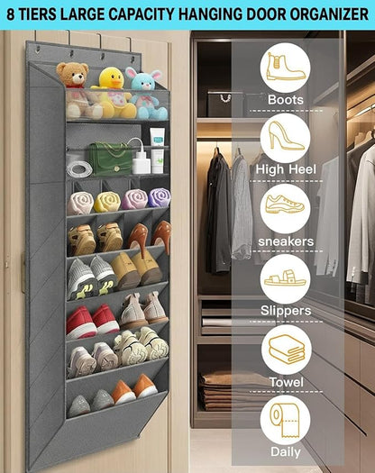 Multi 8 Shelves Over The Door Shoe Organizer, Hanging Shoe Holder with Deep Pockets, Narrow Shoe Rack for Boots Storage, Over Door Organizer for Home, Apartment, Daily Necessities