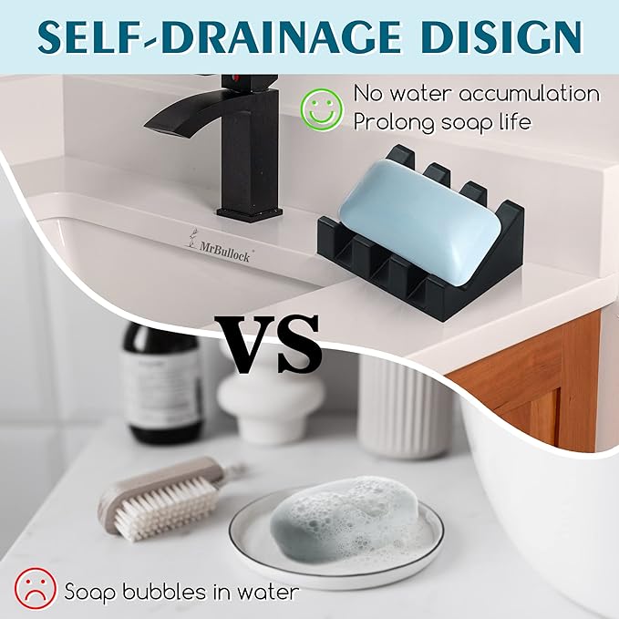 2 Pack Self Draining Silicone Soap Dish for Shower & Kitchen - Waterfall Bar Soap Holder Tray, Non-Slip Soap Saver Keeps Soap Dry, Easy to Clean, Extends Soap Life (White-Black)