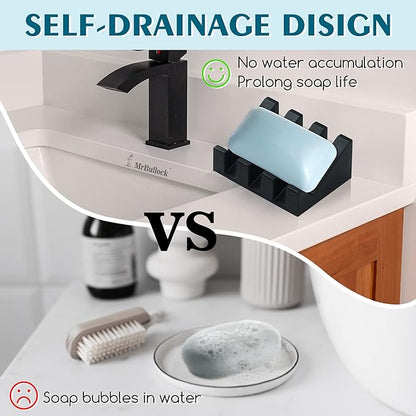 3 Pack Self Draining Silicone Soap Dish with Suction Cups - Non-Slip Bar Soap Holder for Shower & Kitchen, Waterfall Tray Keeps Soap Dry, Easy Clean, Extends Soap Life (White-Gray-Black)