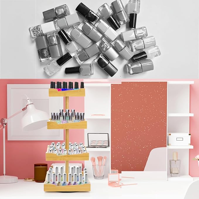 ZAVOOS Nail Polish Organizer, 4 Tier Bamboo Stand Essential Oil Display Rack for 120-212 Bottles, 360 Rotating Large Capacity Cosmetics Storage Shelf Holder for Home Spa, Business Salon