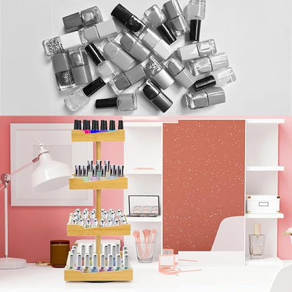 ZAVOOS Nail Polish Organizer, 4 Tier Bamboo Stand Essential Oil Display Rack for 120-212 Bottles, 360 Rotating Large Capacity Cosmetics Storage Shelf Holder for Home Spa, Business Salon