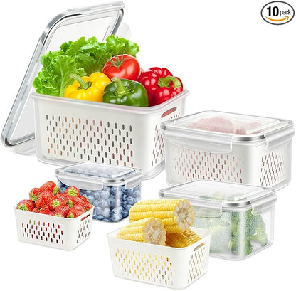 8 Pieces Fruit Storage Container for Fridge, 4Pack Plastic Fruit Containers for Fridge with Removable Colander, Container for Fruit Berry Salad Lettuce, BPA Free Kitchen Refrigerator Organizers