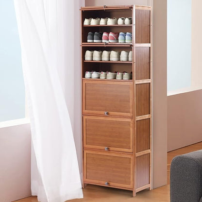 10 Tiers 20-Pair Shoe Storage Cabinet Tall Bamboo Hidden Shoe Storage Free Standing Shoe Rack with Concealed Sliding Doors for Living Room Entrance and Bedroom