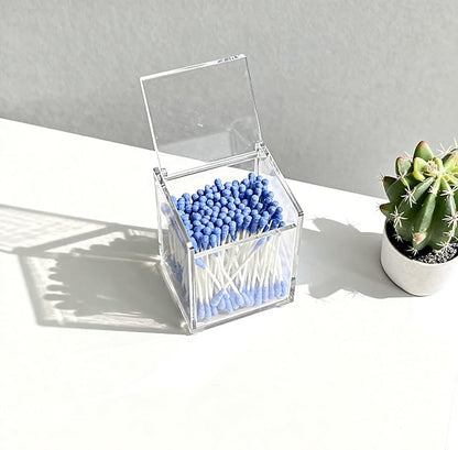 Clear Acrylic Qtip Holder with Lid, Cotton Balls Swab Organizer, 2.95" x 2.56" x 3.94" Dispenser for Makeup Pad, Floss Picks, Bath Salts, Cosmetic Storage Case, Home Bathroom Decor (DP058)