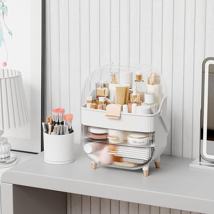 Yieach Countertop Makeup Organizer With Lid,Large Skincare Organizers With 2 Drawers,Dustproof Cosmetic Display Cases for Bathroom,Dresser,Lotion,Beauty,Skin Care Holder,Makeup Storage Organizer,Pink