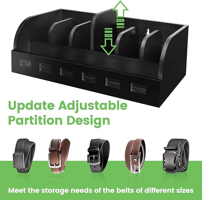 Large Adjustable Bamboo Belt Organizer Box, 6 Grids Belt Rack, Belt Organizer for Closet Shelf and Drawer, Tie and Belt Storage Organizer Wall Mount and Displayer for Men Women Father Day (Black)