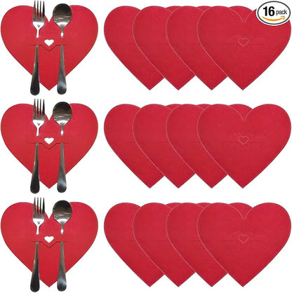 16 Pcs Valentine's Day Red Heart Flatware Holder Felt Cutlery Bag Valentine Tableware Cover Silverware Holder Pockets Dinner Knife Fork Covers for Birthday Mother's Day Party Table Setting Decor