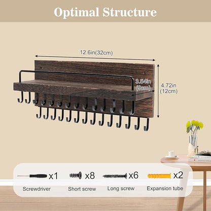 Lolalet Necklace Holder Hanging Necklace Organizer Wall Mounted Jewelry Organizer with 28 Hooks and Perfume Shelf, Wood Necklace Hanger Rack for Bracelets -Brown