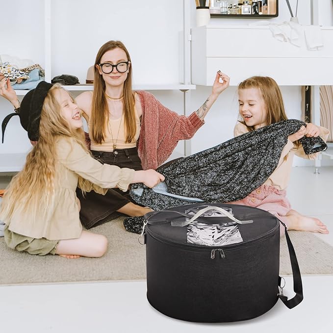 LITLANDSTAR Organizer for Women and Men, Round Storage Box Portable Felt Container Foldable Hat Holder With Dust Proof Lid, Rack for Closet or Travel (17" D x 10" H, Black)