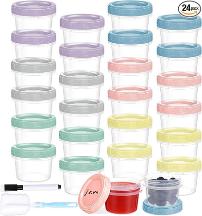 Yomarket 24pcs 4 oz Plastic Containers with Screw Lids, Reusable 1/2 Cup Small Food Storage Containers, Leakproof, Microwave Dishwasher Freezer Safe, with Pen and Brush