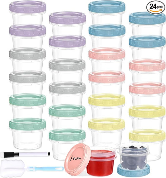 Yomarket 24pcs 4 oz Plastic Containers with Screw Lids, Reusable 1/2 Cup Small Food Storage Containers, Leakproof, Microwave Dishwasher Freezer Safe, with Pen and Brush