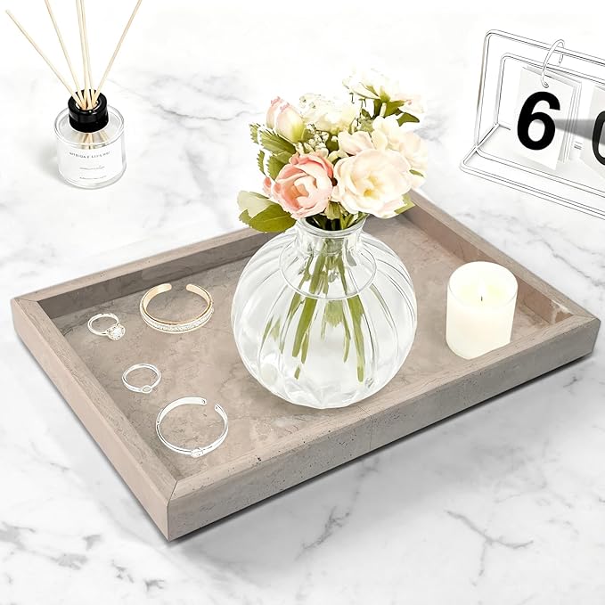 Pure Natural Marble Tray for Bathroom, Dresser, Sink. Cosmetics, toiletries, perfumes, Jewelry, Candles, etc. can be Placed (Floral Wood Grain, 12" x 8" x 1.2")