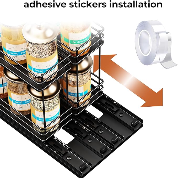 Mystozer Pull Out Spice Rack Organizer for Cabinet, Slide Out Spice Racks, Easy to Install, 7.08" Wx10.43 Dx8.26 H, 2 Drawers 2 Tiers(Black)